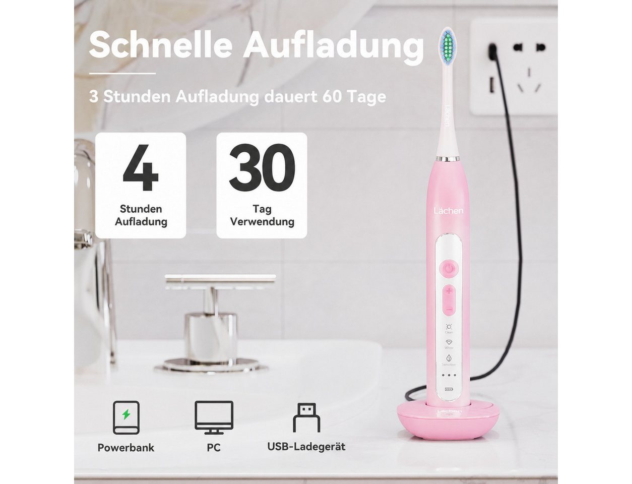Lächen Elektrische Zahnbürste Kabelloses Laden, IPX7, 4 Bürstenköpfe Bild 2