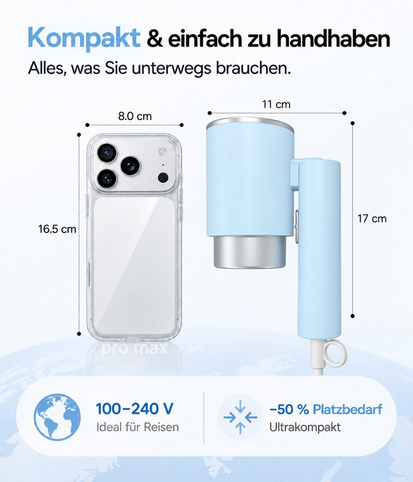 Futicare Haartrockner klappbarer Föhn Ionen 2400 W mit Konzentrator-Düse, 2400 W, 3 Temperaturstufen, schnelles Trocknen, [klein & stark & für Reisen]