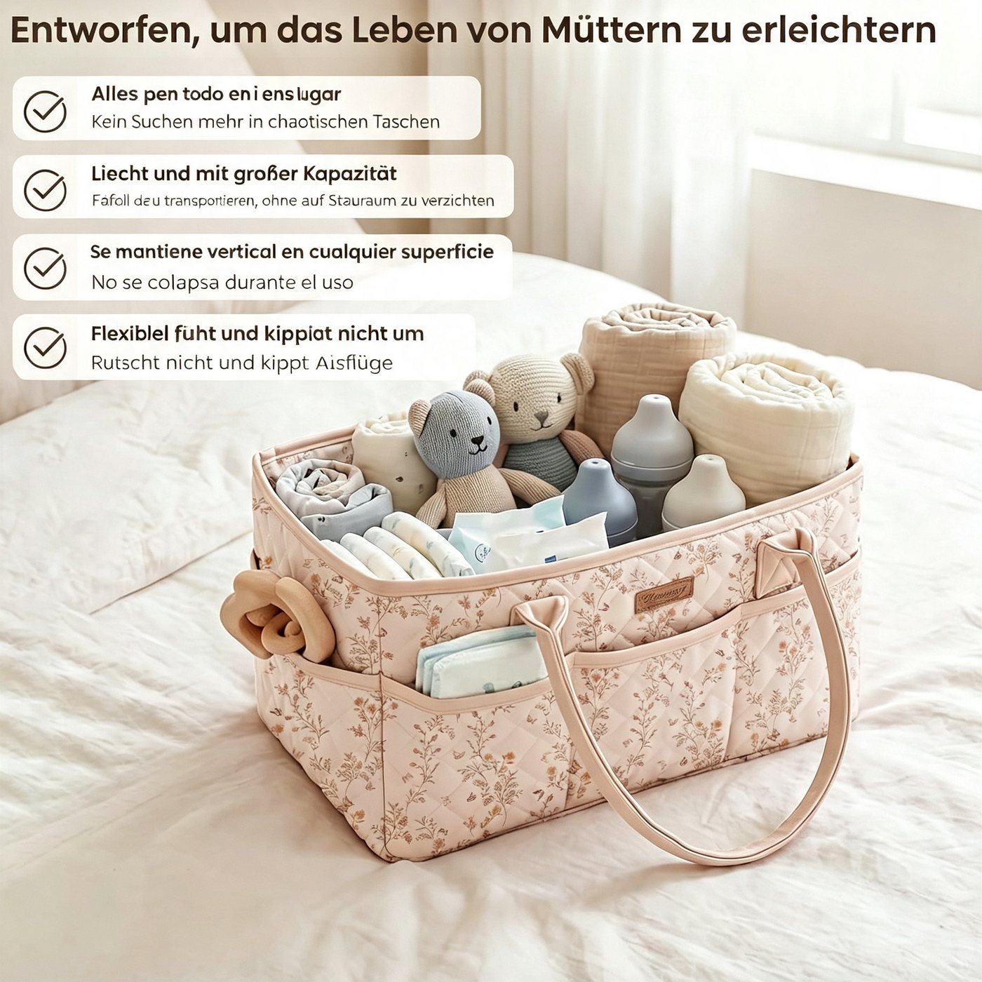 nsihing Wickeltasche Windel-Aufbewahrungskorb, tragbare Windeltasche mit Tragegriff, Wickelunterlage mit Blumenmuster, multifunktionaler Aufbewahrungskorb Bild 3