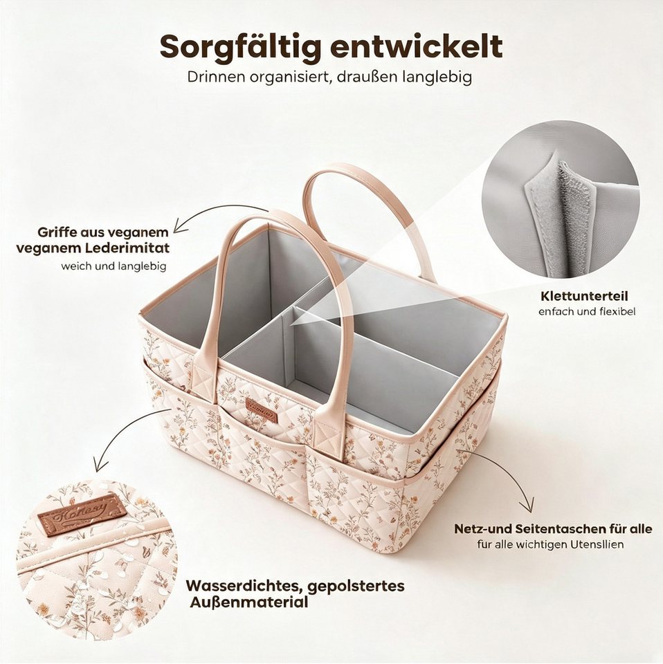nsihing Wickeltasche Windel-Aufbewahrungskorb, tragbare Windeltasche mit Tragegriff, Wickelunterlage mit Blumenmuster, multifunktionaler Aufbewahrungskorb Bild 4