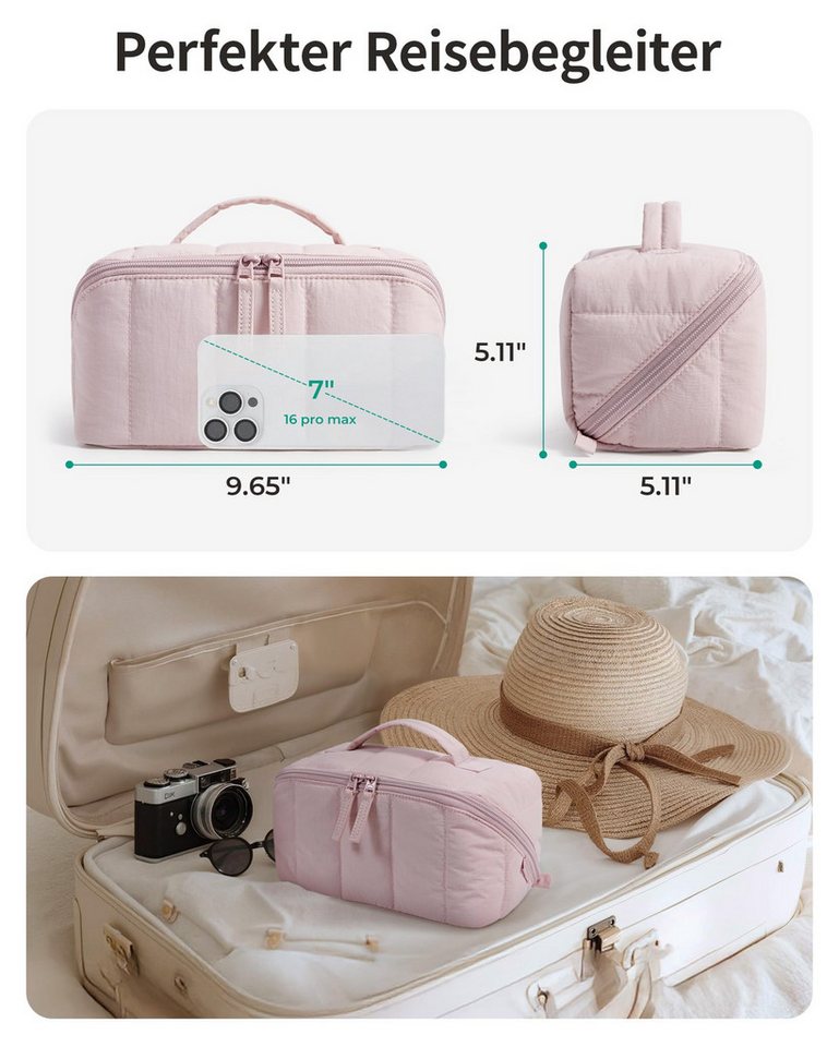 nsihing Kosmetiktasche Damen Tragbarer Schminktasche Reise Puffer Make Up Tasche, Cosmetic Bag offene, Flache Kulturtasche für Toilettenartikel, Pinsel Bild 2