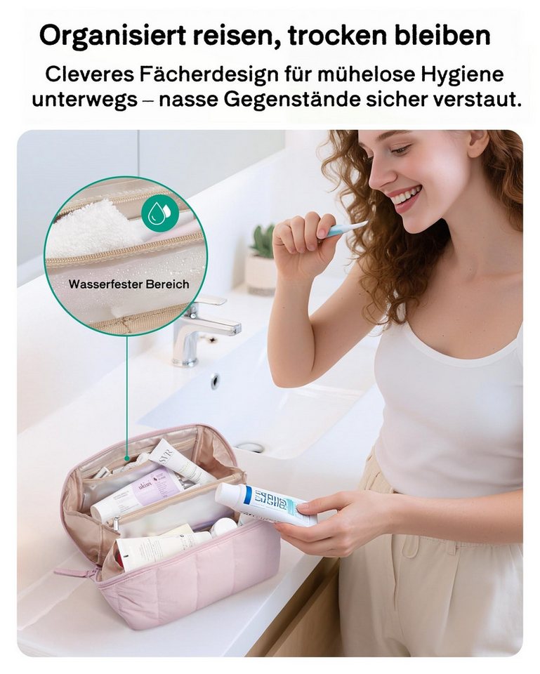 nsihing Kosmetiktasche Damen Tragbarer Schminktasche Reise Puffer Make Up Tasche, Cosmetic Bag offene, Flache Kulturtasche für Toilettenartikel, Pinsel Bild 5