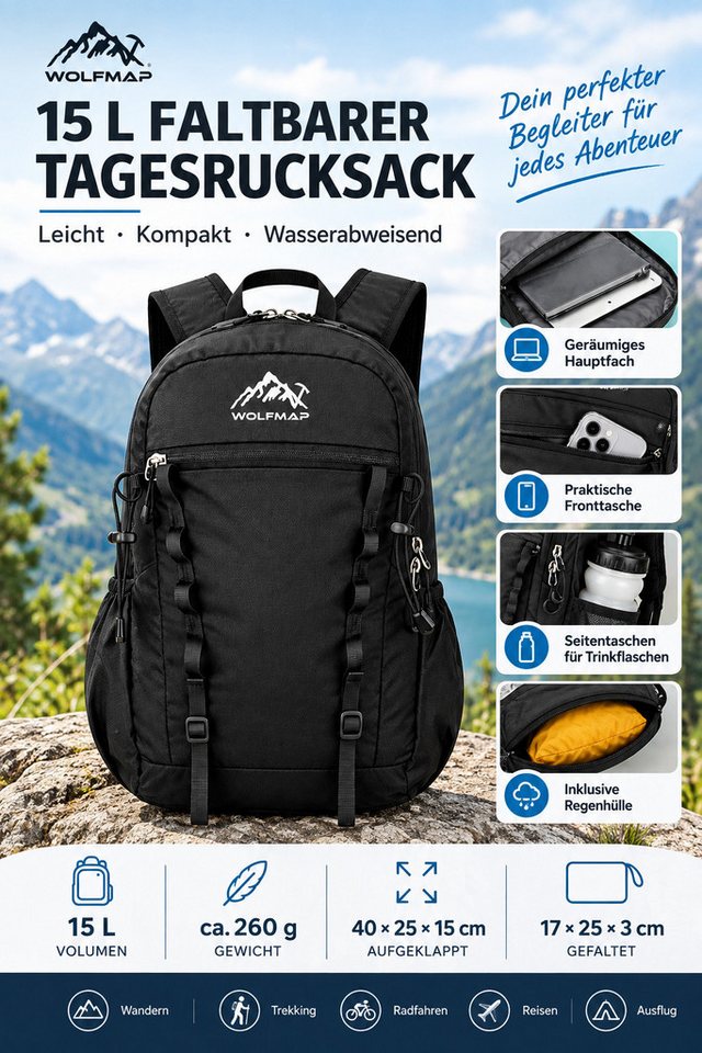 ibettertec Wanderrucksack Wanderrucksack 15L Kleiner Tagesrucksack Herren Damen Faltbarer (für Wandern Daypack Travel Rad und Ausflug, Schwarz) Bild 3