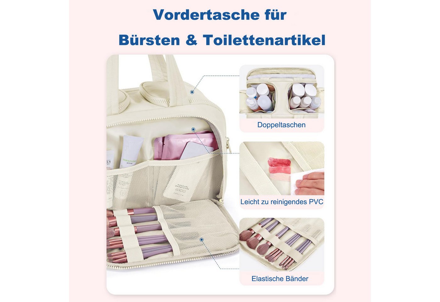 Coonoor Kosmetiktasche Leichte Reisetoilettentasche, große Kosmetiktasche mit weitem Öffnen (1-tlg), Organizer mit Griff für Accessoires, Utensilien und Toilettenartikel Bild 2