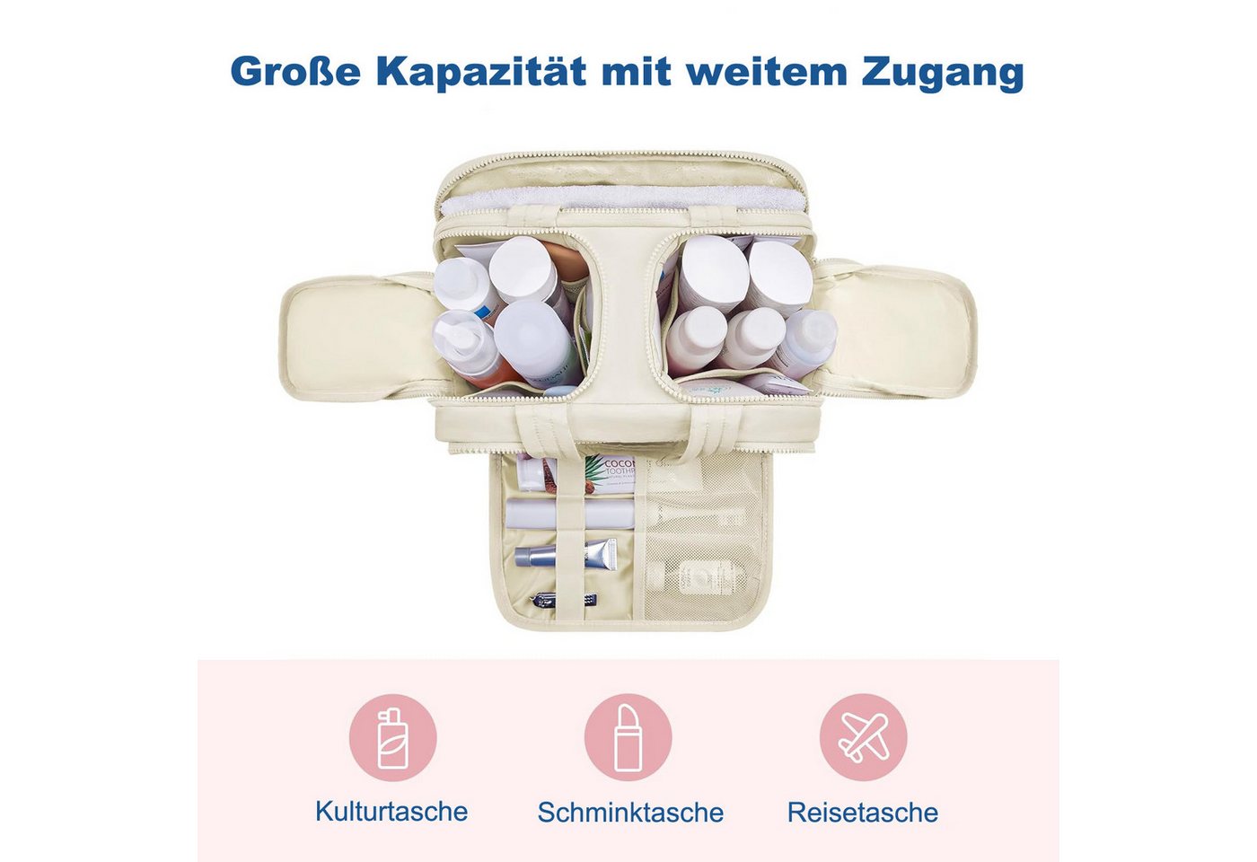 Coonoor Kosmetiktasche Leichte Reisetoilettentasche, große Kosmetiktasche mit weitem Öffnen (1-tlg), Organizer mit Griff für Accessoires, Utensilien und Toilettenartikel Bild 5
