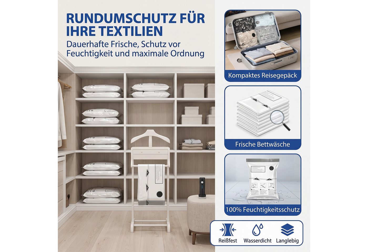 AKKEE Kofferorganizer Vakuumbeutel für Kleidung 18-teilig mit kabelloser Vakuumpumpe, Kompressions-Aufbewahrungsbeutel für Koffer, wiederverwendbar