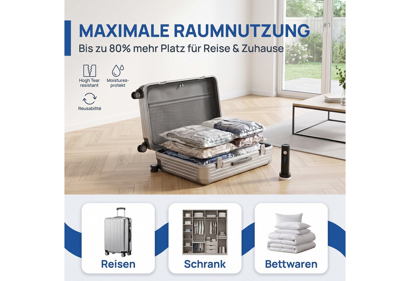 AKKEE Kofferorganizer Vakuumbeutel für Kleidung 18-teilig mit kabelloser Vakuumpumpe, Kompressions-Aufbewahrungsbeutel für Koffer, wiederverwendbar Bild 2