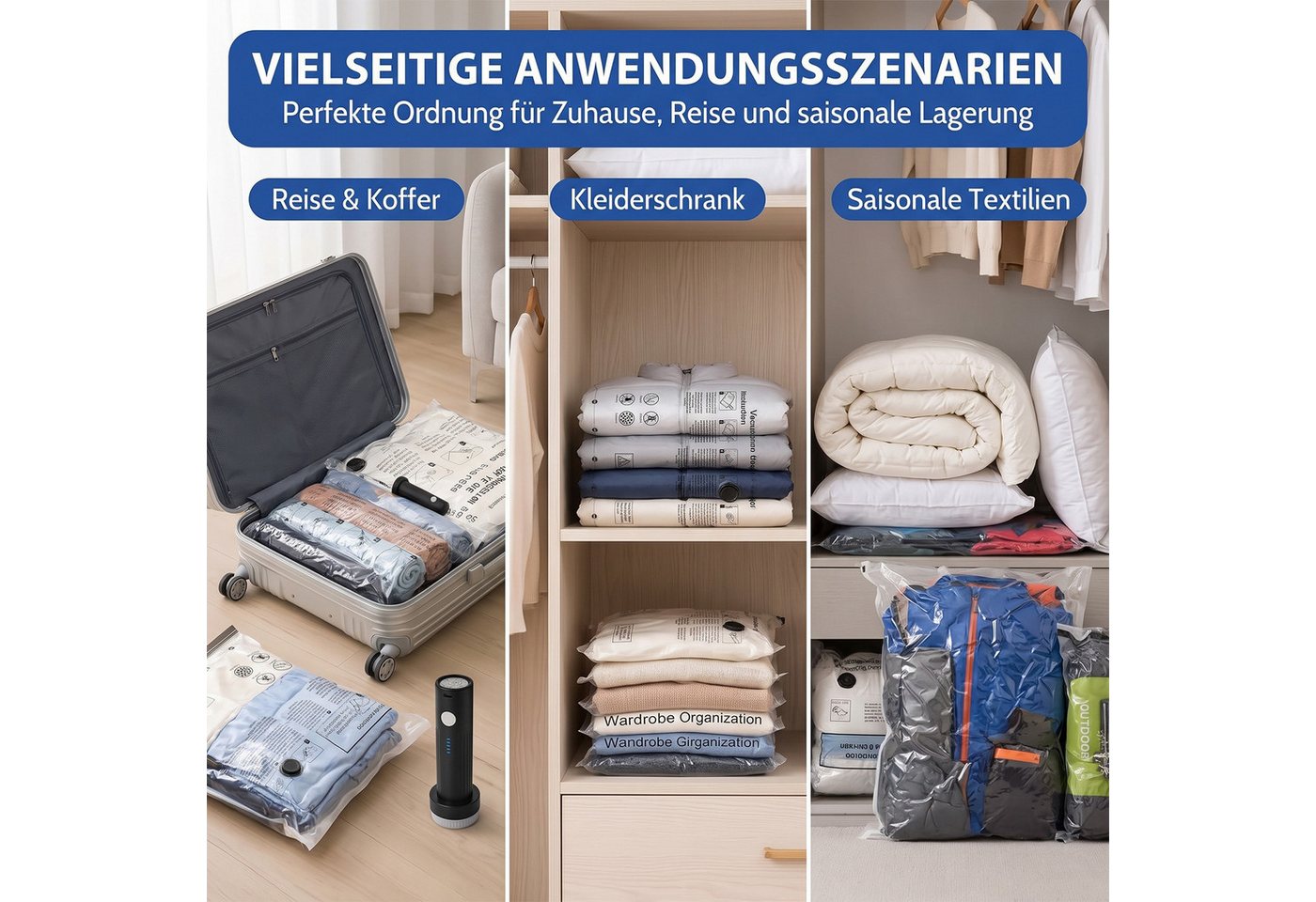 AKKEE Kofferorganizer Vakuumbeutel für Kleidung 18-teilig mit kabelloser Vakuumpumpe, Kompressions-Aufbewahrungsbeutel für Koffer, wiederverwendbar Bild 4