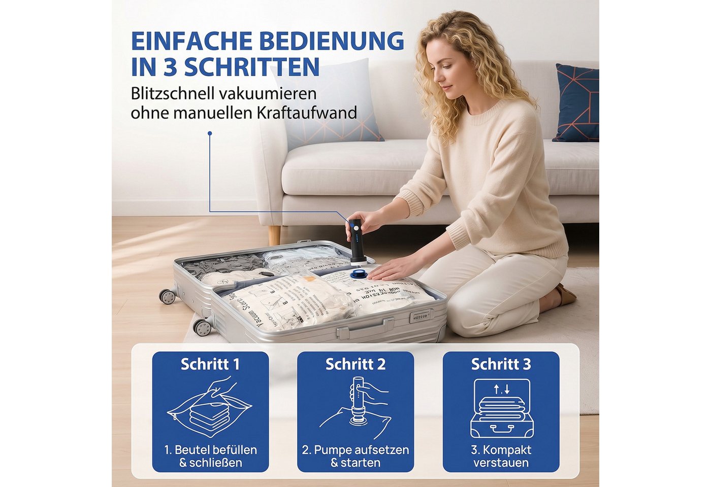 AKKEE Kofferorganizer Vakuumbeutel für Kleidung 18-teilig mit kabelloser Vakuumpumpe, Kompressions-Aufbewahrungsbeutel für Koffer, wiederverwendbar Bild 5
