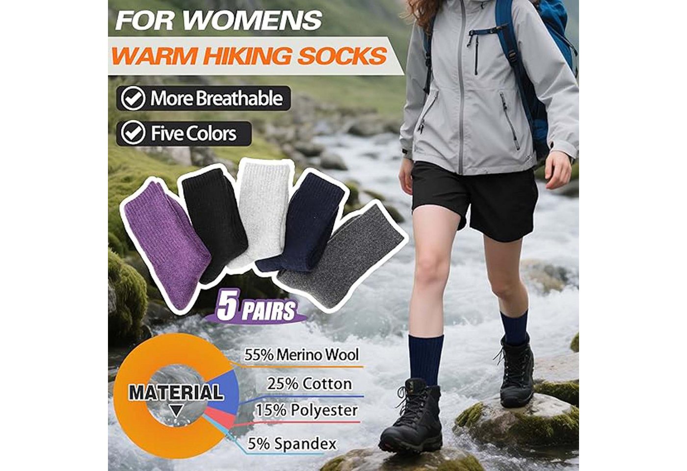 Autrucker Thermosocken Damen Socken Winter Socken 5 Paar atmungsaktiv warm (5-Paar)