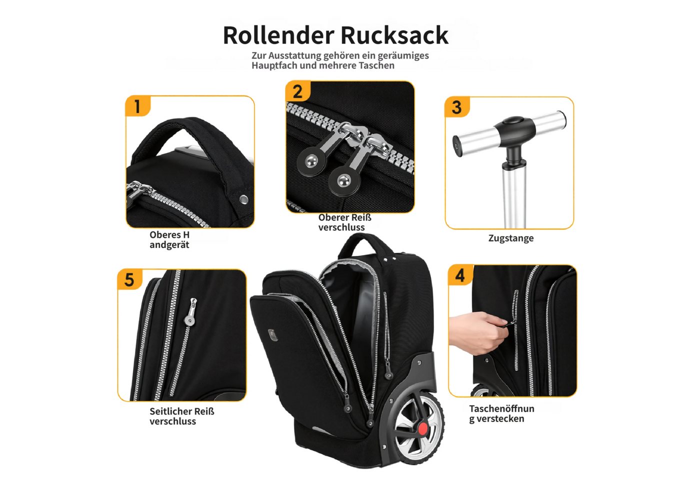 Rutaqian Business-Trolley 19-Zoll-Rolltasche,Wasserdichte Rolltasche, Laptoptasche mit Rollen, Handgepäcktasche mit Laptopfach, passend für 14-Zoll-Laptops
