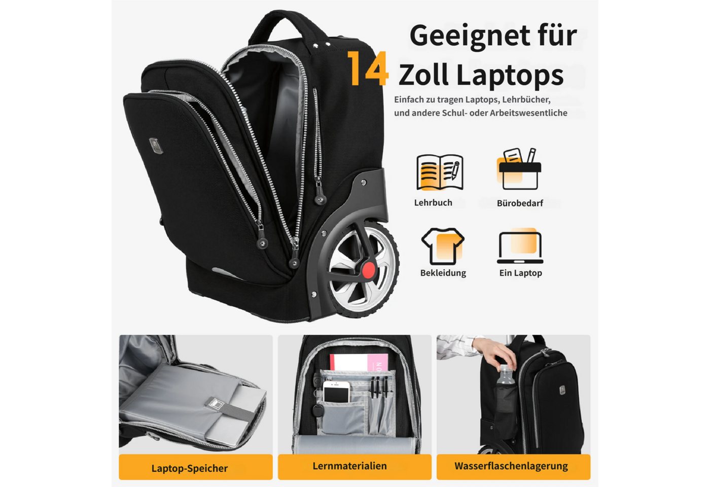 Rutaqian Business-Trolley 19-Zoll-Rolltasche,Wasserdichte Rolltasche, Laptoptasche mit Rollen, Handgepäcktasche mit Laptopfach, passend für 14-Zoll-Laptops Bild 3