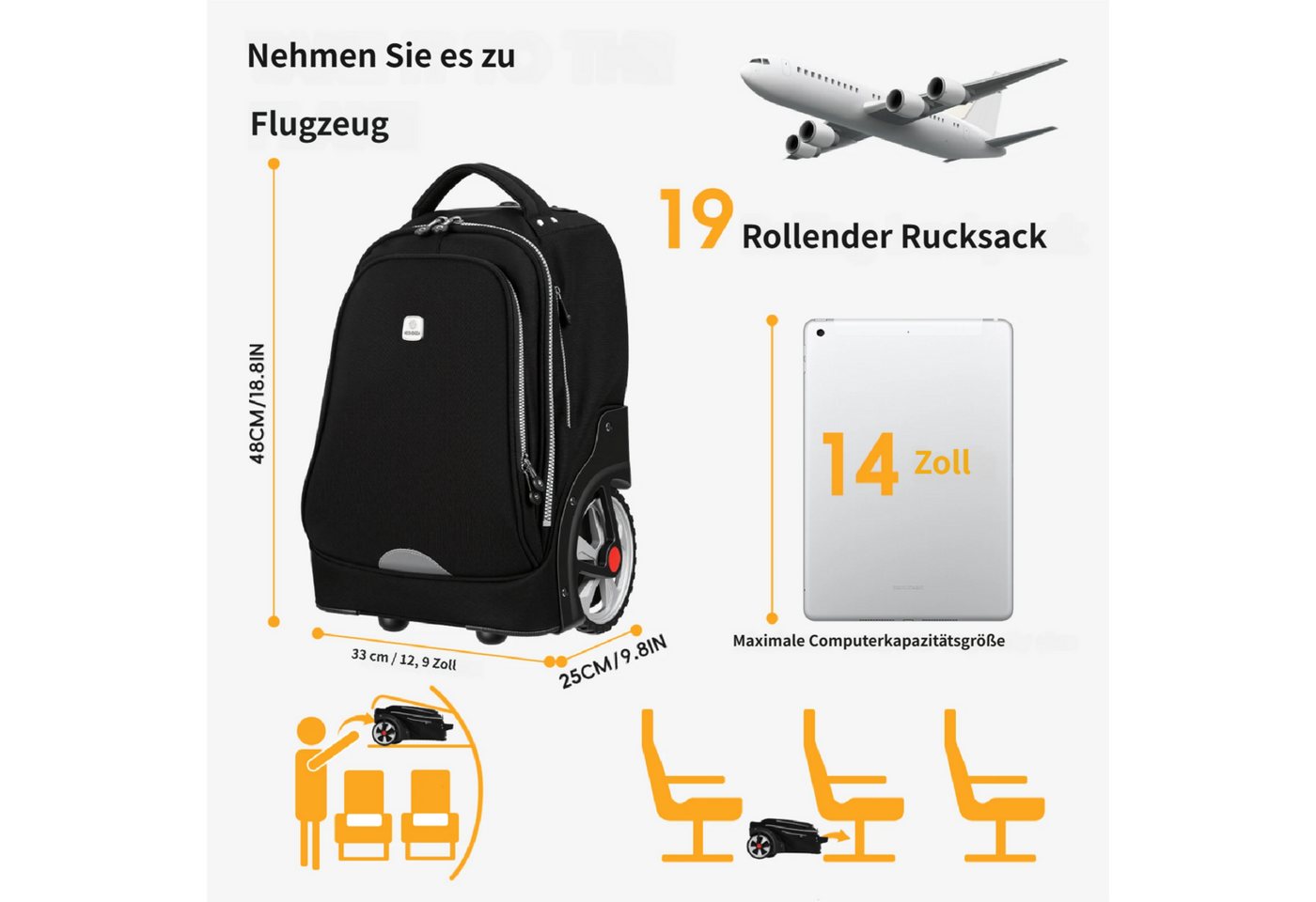 Rutaqian Business-Trolley 19-Zoll-Rolltasche,Wasserdichte Rolltasche, Laptoptasche mit Rollen, Handgepäcktasche mit Laptopfach, passend für 14-Zoll-Laptops Bild 5