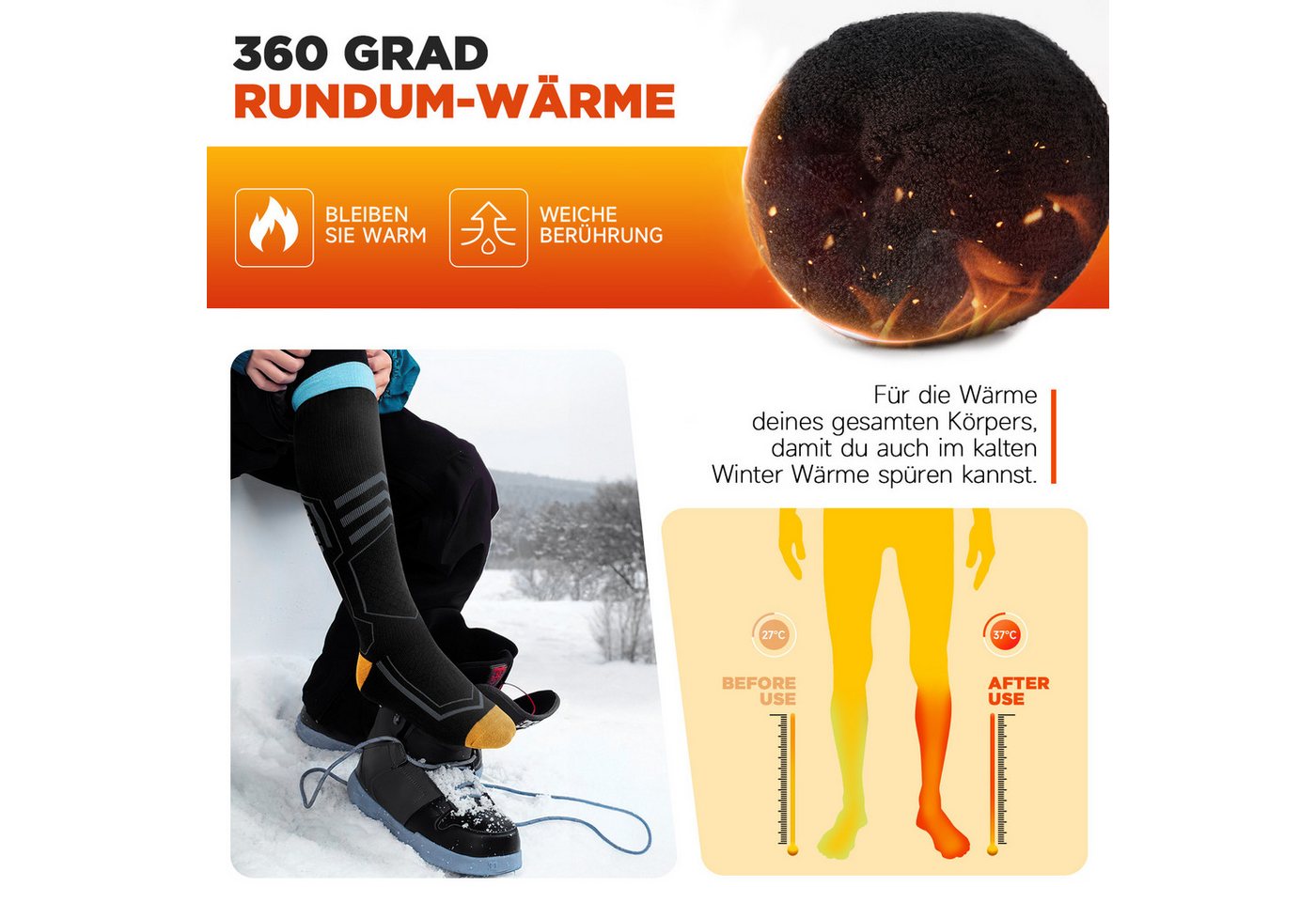 TANSTC Skisocken Merino Warme Socken Herren Damen Dicke Thermosocken Ski Kniestrümpfe Wärme, hohe Elastizität, klimaregulierend, formstabil, hautfreundlich Bild 3