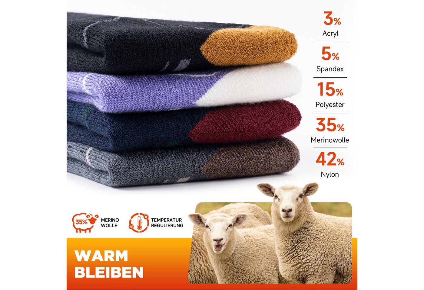 TANSTC Skisocken Merino Warme Socken Herren Damen Dicke Thermosocken Ski Kniestrümpfe Wärme, hohe Elastizität, klimaregulierend, formstabil, hautfreundlich Bild 4