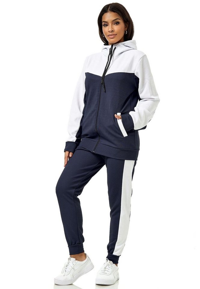 L.gonline Freizeitanzug Damen Trainingsanzug, Jogginganzug mit Kapuzenjacke 0986 Navy-Weiß S (Kapuzenjacke mit Reißverschluss, Hose, 2-tlg), Fitness Freizeit Casual