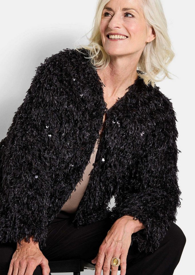 GOLDNER Outdoorjacke Kurzgröße: Eleganter Überwurf mit Pailletten Federjacke mit V-Ausschnitt, Häkchenverschluss und Langarm