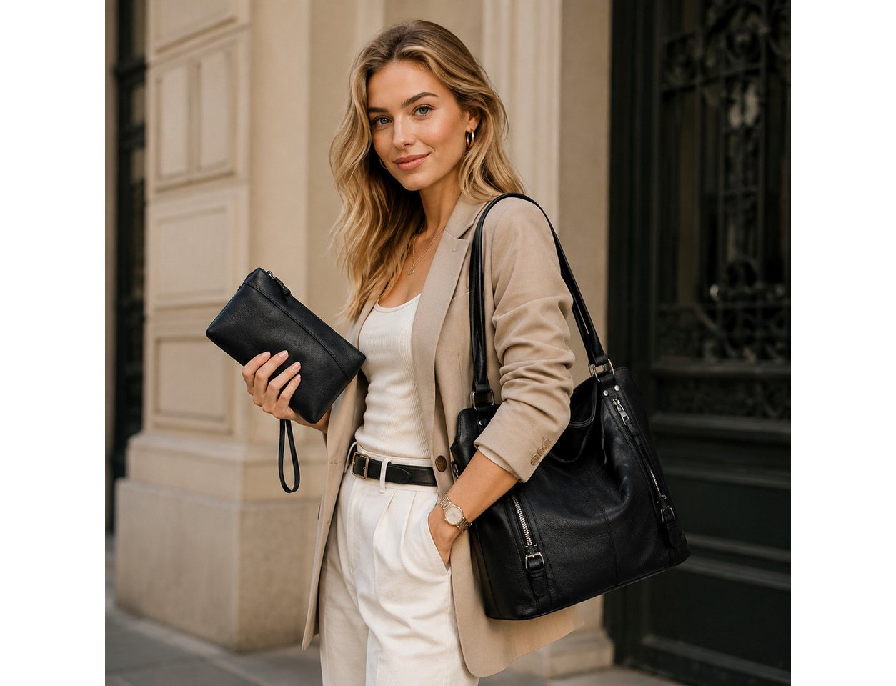 ibettertec Rucksack Damen Handtasche Groß Shopper mit Geldbörse, Elegante Schultertasche (Umhängetasche, Große Tasche mit vielen Fächern, 2-Tlg, Vegane Tasche für Alltag, Büro und Shopping), 44*16*32cm