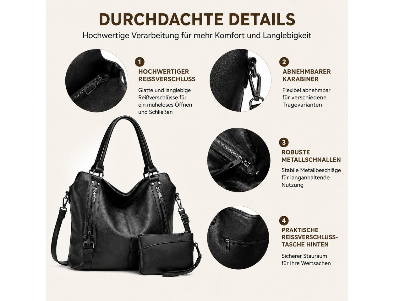 ibettertec Rucksack Damen Handtasche Groß Shopper mit Geldbörse, Elegante Schultertasche (Umhängetasche, Große Tasche mit vielen Fächern, 2-Tlg, Vegane Tasche für Alltag, Büro und Shopping), 44*16*32cm Bild 4