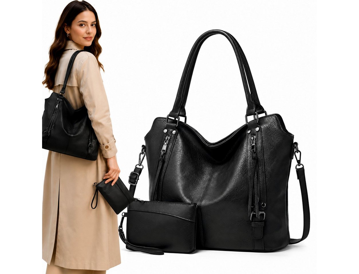 ibettertec Rucksack Damen Handtasche Groß Shopper mit Geldbörse, Elegante Schultertasche (Umhängetasche, Große Tasche mit vielen Fächern, 2-Tlg, Vegane Tasche für Alltag, Büro und Shopping), 44*16*32cm Bild 5