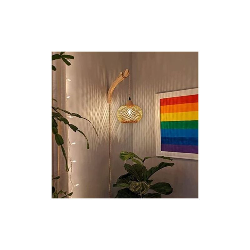 Wandleuchte Für Den Innenbereich Aus Holz, Vintage-wandlampe Mit Preis Und Unterbrechung, E27-retro-laterne In Bambus, Lampe De Chevet In Rotin Pour Chambre Salon (ohne Ampulle)