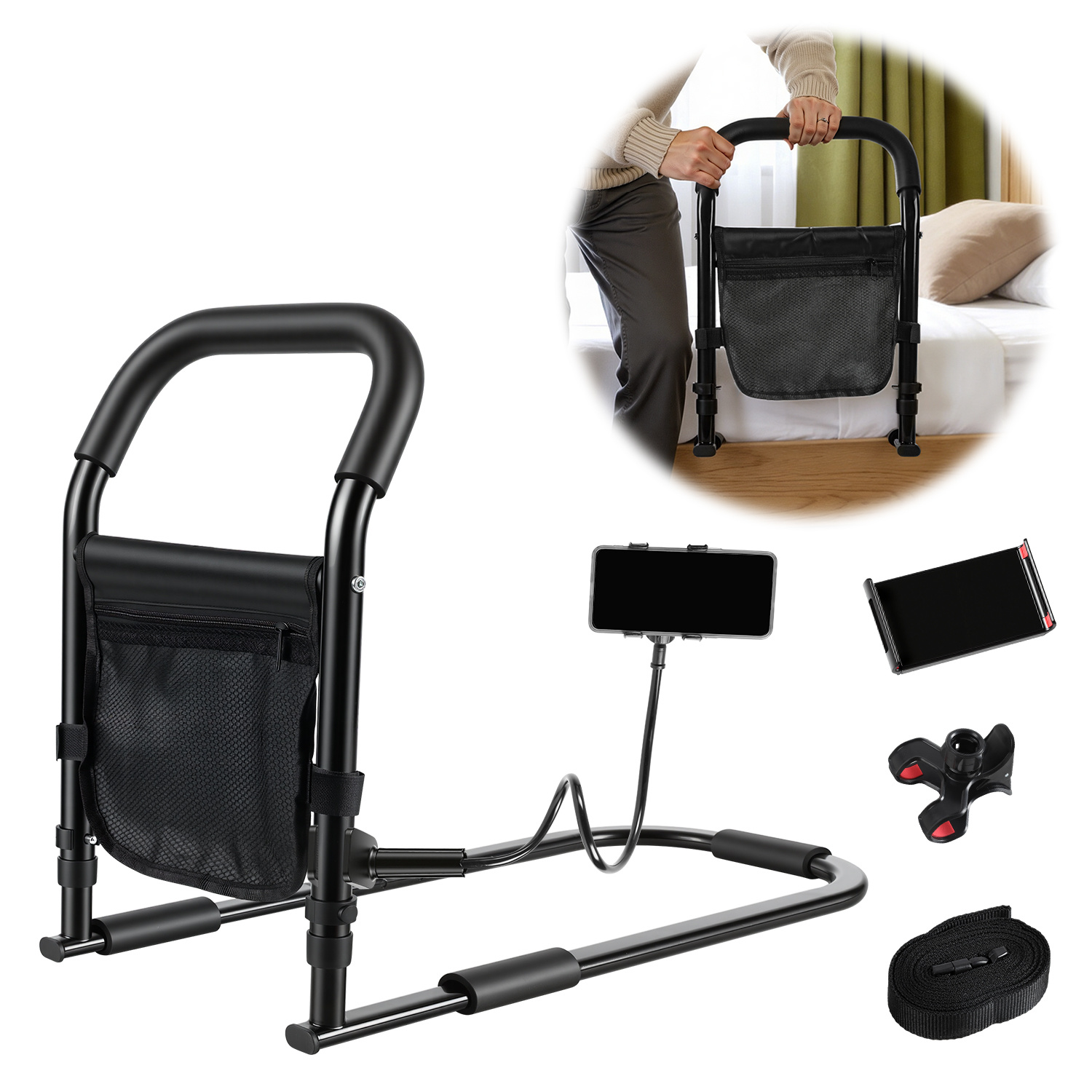 Jiubiaz Sicherheits-bettgriff Für Senioren, Höhenverstellbare Aufstehhilfe (45–62 Cm, 5 Stufen), Mit Befestigungsgurt Und Handyhalterung, Schwarz