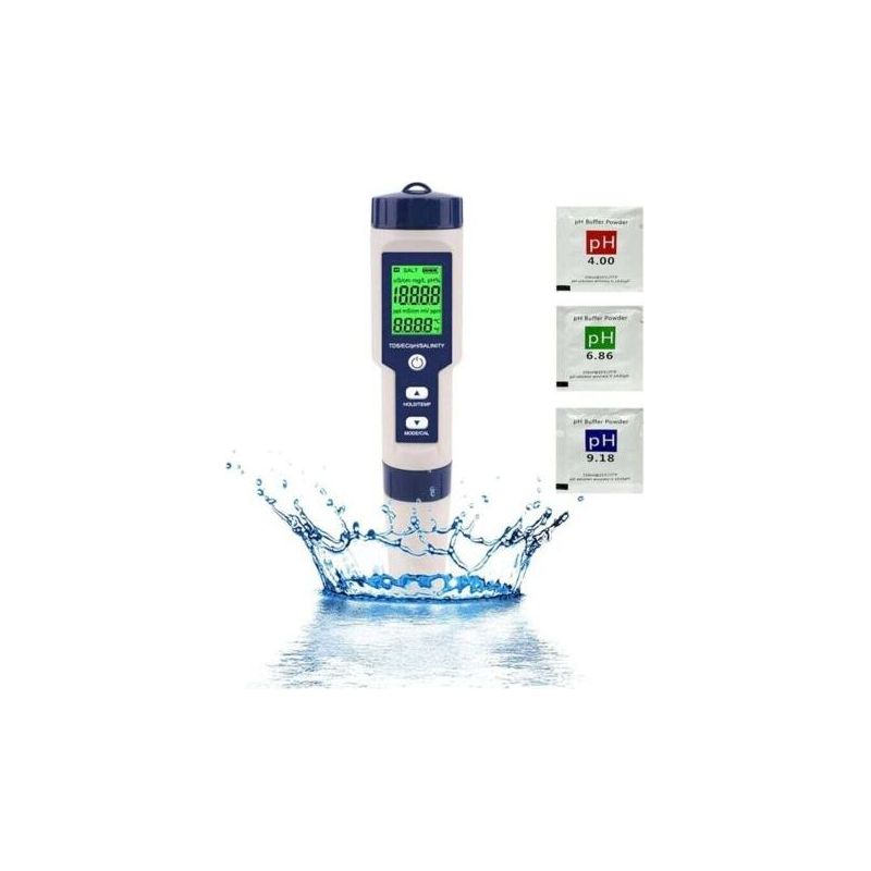 Ph-mètre Électronique 5 En 1 – Mesure Ph, Tds, Ec, Salinité, Température – Rétro-éclairage Lcd – Précision 0.01 Pour Aquariums Et Spas