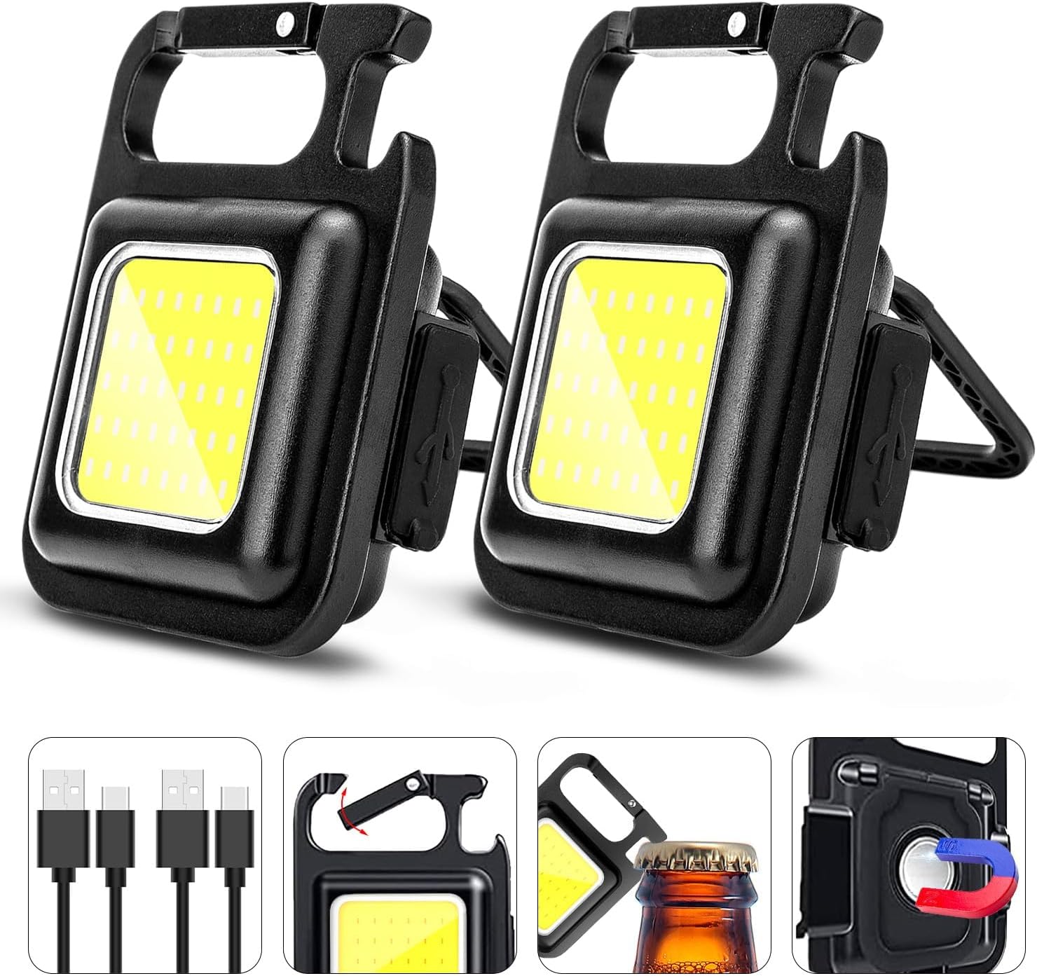 Zweierpack Wiederaufladbare Schlüsselanhänger-taschenlampen, Hochleistungsfähige, Ultrahelle Led-arbeitsleuchten Mit Magneten, Clips Und Flaschenöffnern, Geeignet Für Gassigehen, Autoreparaturen, Notf