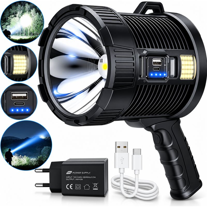 Lampe Torche Led Puissante Rechargeable 15 000 Lumens – Torche De Poche 6 Modes – Ipx4 Étanche – Batterie 20 000 Mah – Portée Jusqu’à 800 M