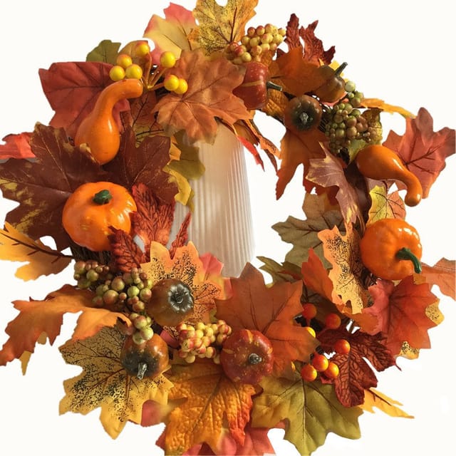 Herbstkranz Mit Ahornblättern, Herbstkürbis Mit Girlande, Tannenzapfen- Und Kürbiskranz Für Die Haustür Im Herbst, Halloween, Thanksgiving