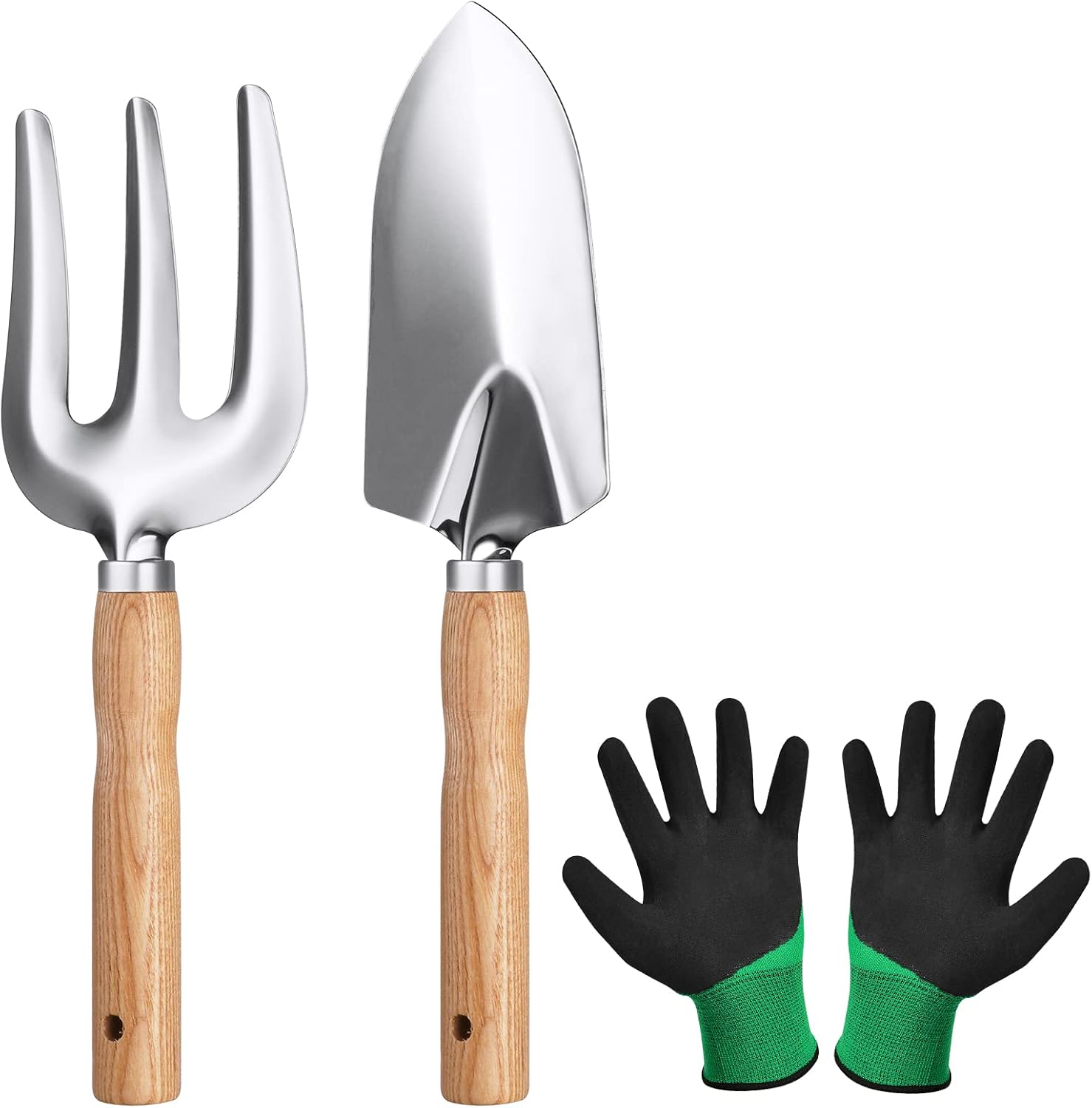 3-teiliges Gartenwerkzeug-set – Edelstahl Und Holz – Schaufel, Gabel, Handschuhe – Für Drinnen Und Draußen