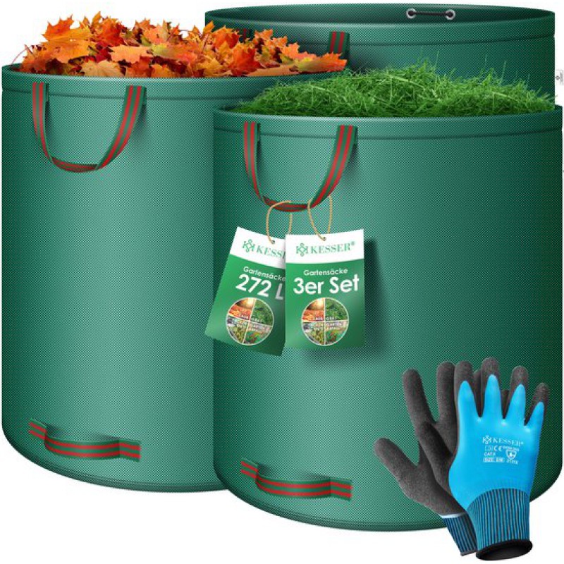 Kesser® Gartenabfallbeutel-set Inklusive Handschuhen – Freistehend, 4 Griffe, Stabil, Robust Und Faltbar – Säcke Für Laub, Grasschnitt Und Grünabfälle – 3 X 272 Liter, Grün