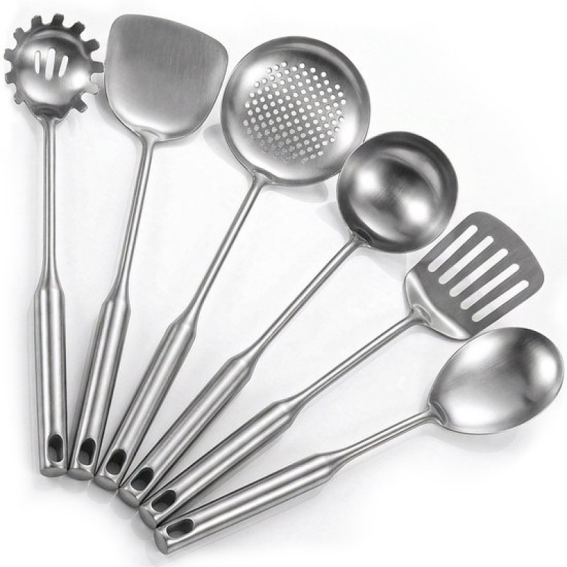 Küchenhelfer-set – 6-teiliges Edelstahl-kochgeschirr-set – Nahtlose Utensilien Mit Aufhängering – Inklusive Pfannenwender Und Schöpfkelle – Silber/grau