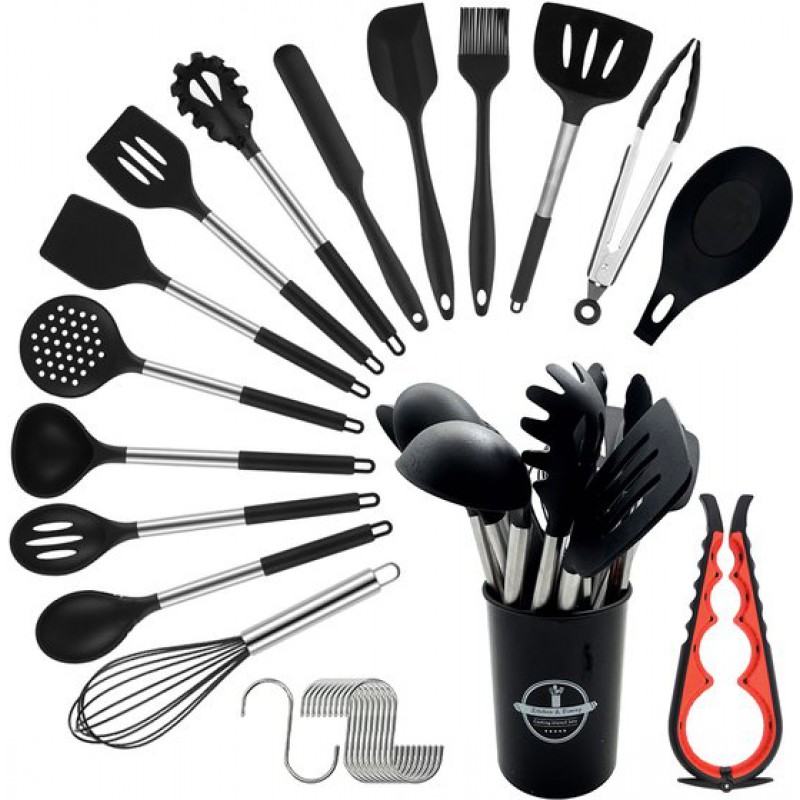 17-teiliges Küchenhelfer-set – Mit Halter – Silikon – Bpa-frei – Antihaftbeschichtung – Multifunktionaler Dosenöffner – Aufhängehaken – Schwarz