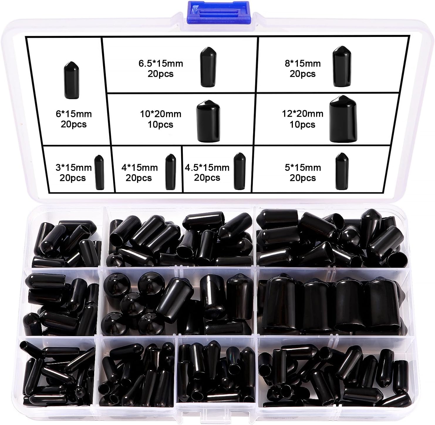 Sortiment Mit 160-teiligem Set In 9 Größen (3–12 Mm) Bestehend Aus Gummi-, Rund- Und Flexiblen Schraubhülsen Sowie Vinyl-schutzkappen Für Schrauben, Rohre, Kabel Und Drähte. Farbe: Schwarz.