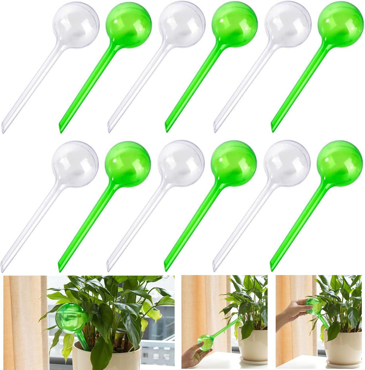 Automatische Bewässerungskugeln – 12 Stück – Transparentes Und Grünes Pvc – Tropfbewässerung – Für Garten Und Innenräume – 13 X 5 Cm