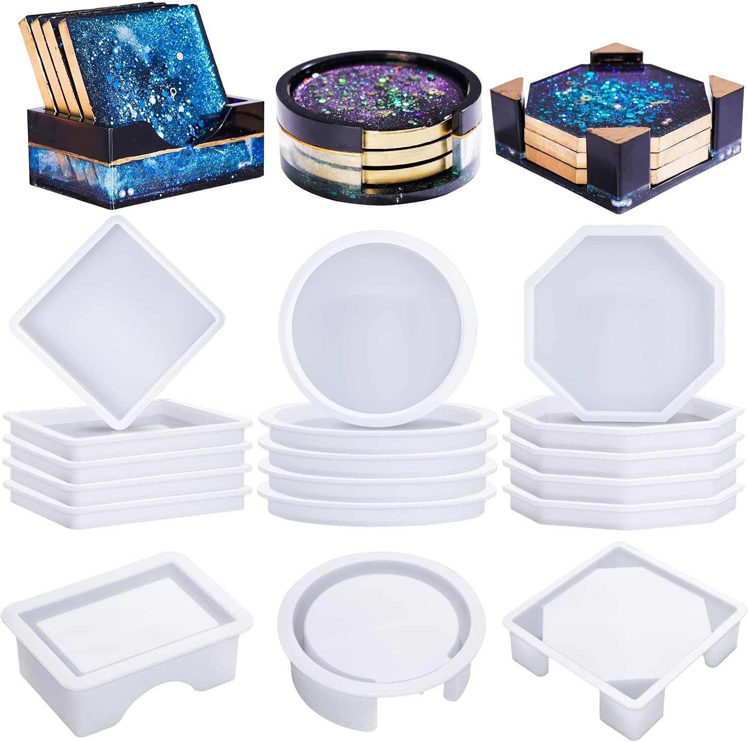 15-teiliges Silikon-formset Für Epoxidharz, Silikon-untersetzerform Für Aufbewahrungsboxen Mit Boden, 3 Formen (rund, Quadratisch Und Achteckig), Geeignet Für Esstische