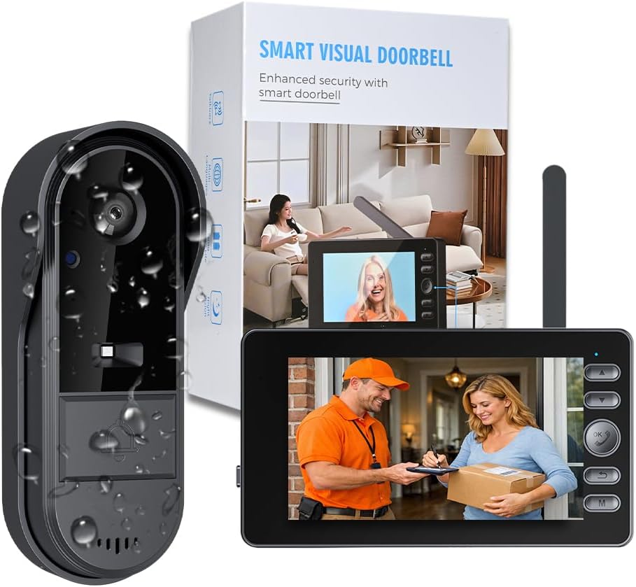 Wasserdichte, Kabellose 1080p-außentürklingel Mit 4,3-zoll-ips-bildschirmkamera, Bluetooth, Ohne Wlan, Nachtsicht, Kabelloser Video-gegensprechanlage, 120°-video-türklingel, Zwei-wege-audio, Ip65 Wass