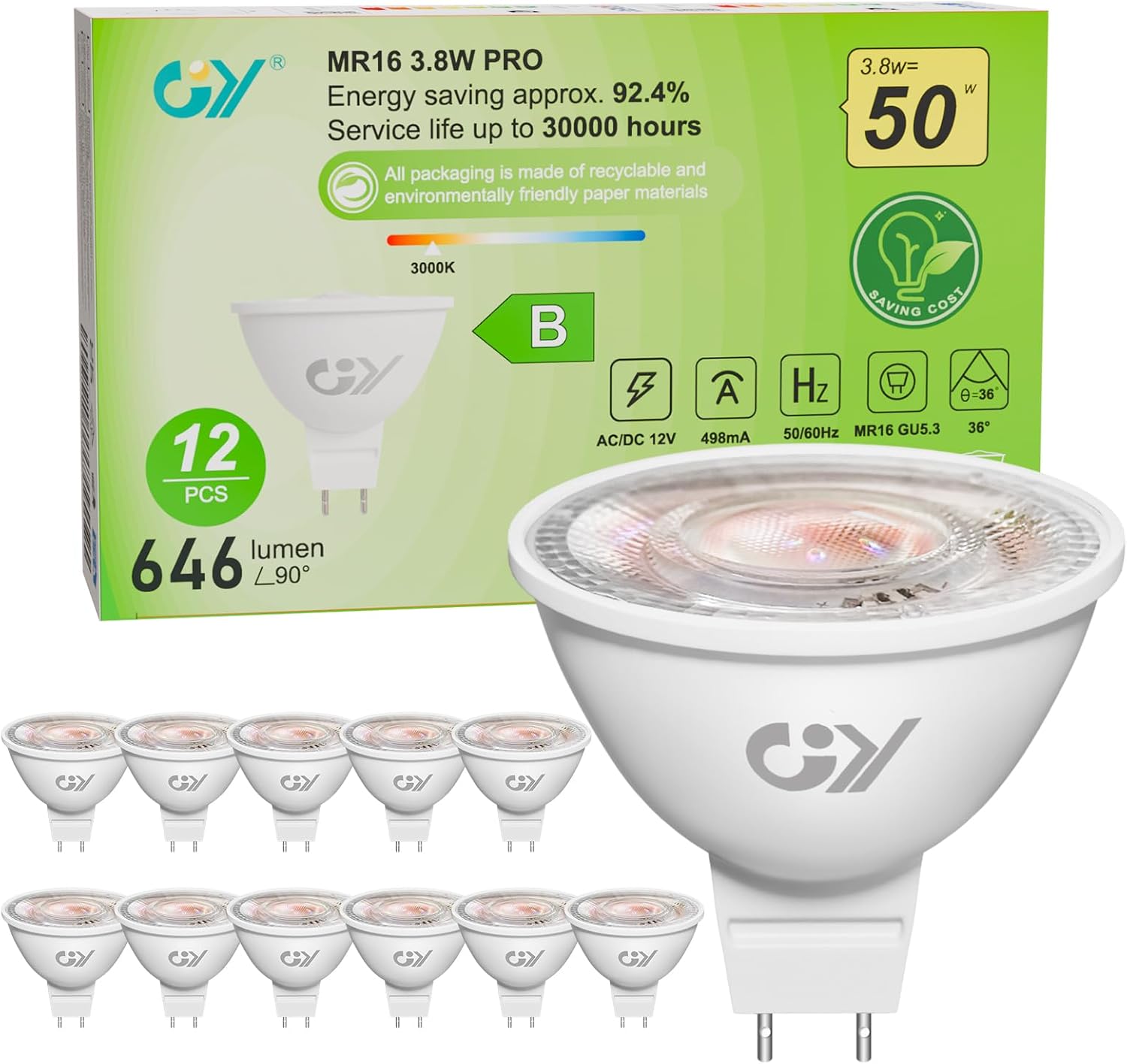 Gu5.3 Mr16 12v Led-lampen Der Klasse B, 646 Lm, Warmweiß (3000 K), 3,8 W (entspricht 50 W), 36° Abstrahlwinkel (schmaler Lichtkegel), Energieeffizient, Nicht Dimmbar, Flimmerfrei, 12er-packung