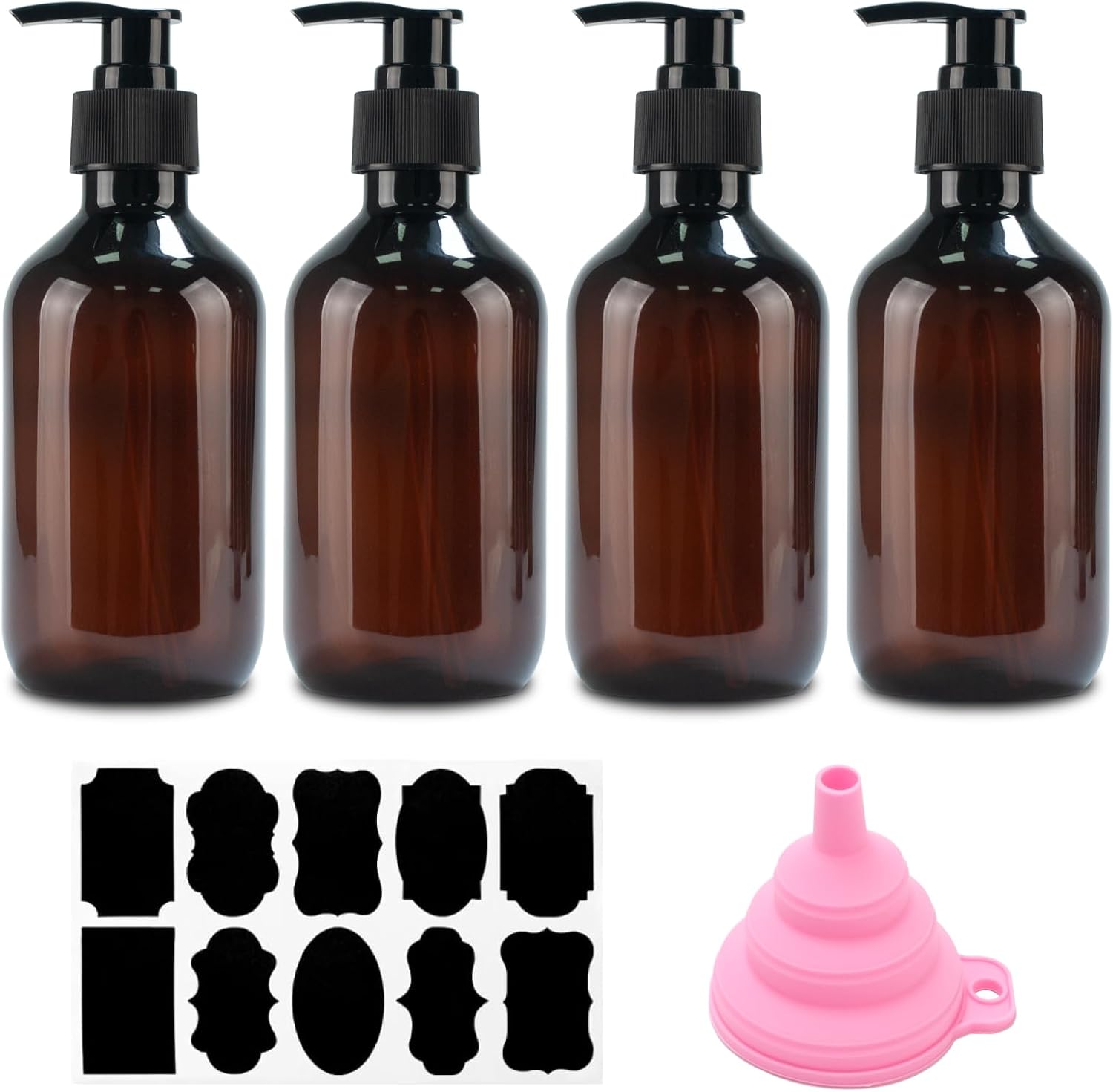 Set Mit 4 Seifenspendern, 300 Ml, Pumpflaschen Für Shampoo Und Duschgel, Nachfüllbar, Leer, Für Dusche, Lotionen, Shampoos, Badeprodukte, Mit Trichtern Und Etiketten (braun)
