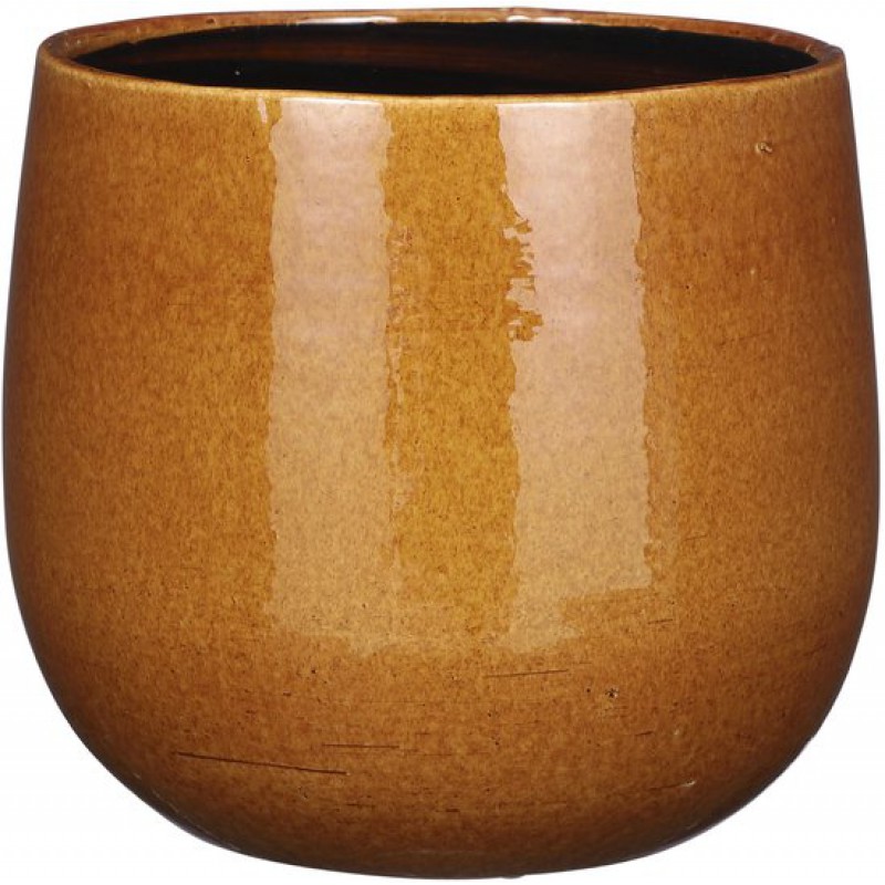 Blumentopf/pflanztopf – Keramik – Glänzend Ockergelb/gesprenkelt – Durchmesser 25 Cm/höhe 20 Cm