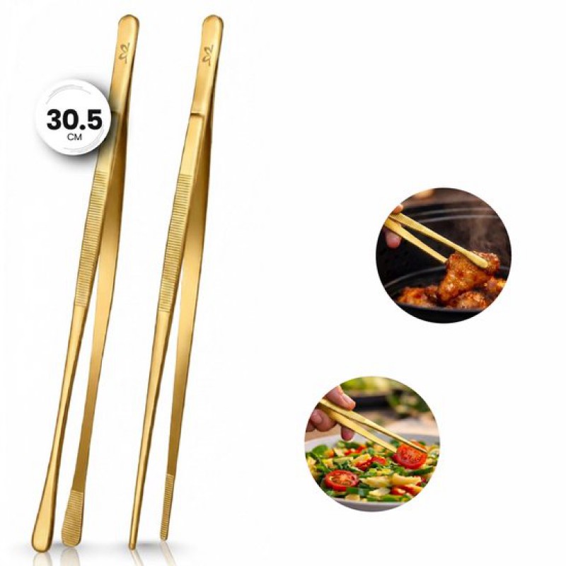 Küchenzange Aus Edelstahl (2er-set) – 30,5 Cm – Spitz Und Rund – Fleischzange Und Küchenzange Für Grill Und Den Täglichen Gebrauch – Gold