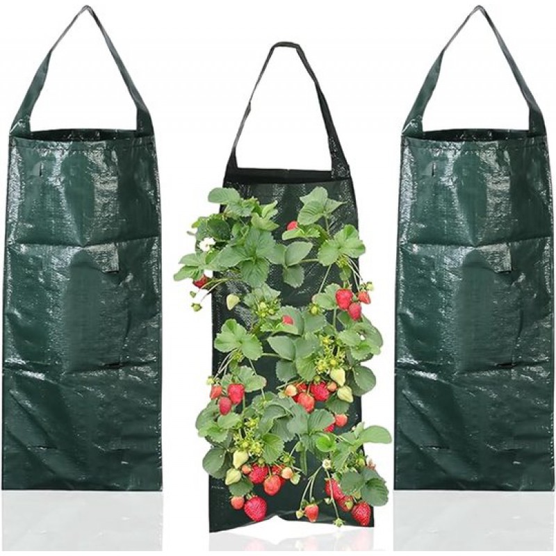 3 Stück - Vertikale Erdbeerpflanzen - Erdbeerpflanzen - Erdbeerpflanzenstütze - Hängepflanzensäcke - 8 Löcher - Tomatenpflanzen - Für Den Außenbereich.