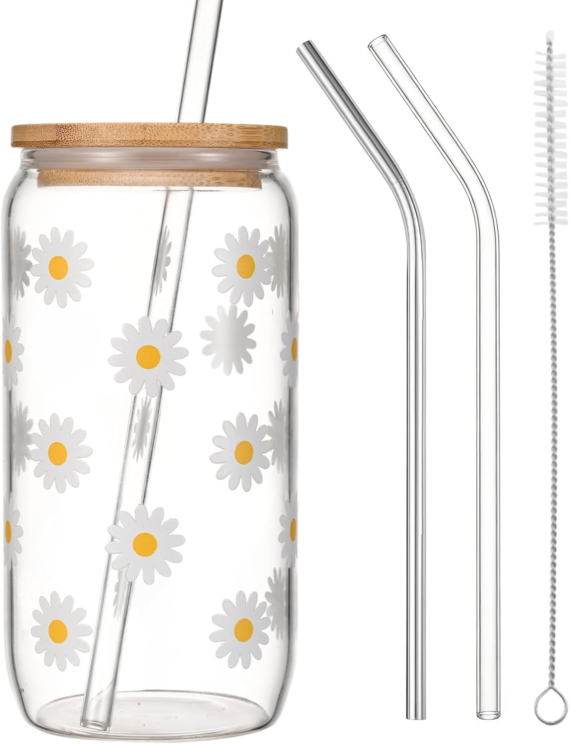 Glasbecher – 1 Stück – Gänseblümchenmuster – Mit Deckel Und Strohhalm – Für Eiskaffee Und Matcha – 473 Ml