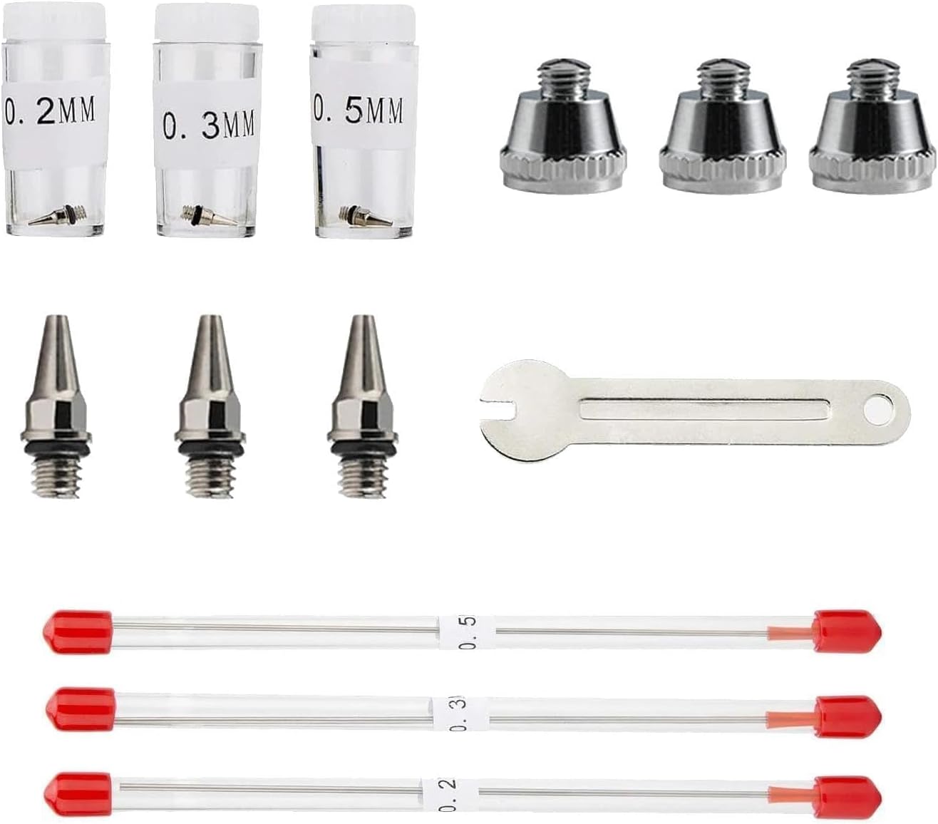 Airbrush-teileset – 9 Metallzubehörteile – 0,2-, 0,3- Und 0,5-mm-düsen – Für Ab130- Und Standardmodelle