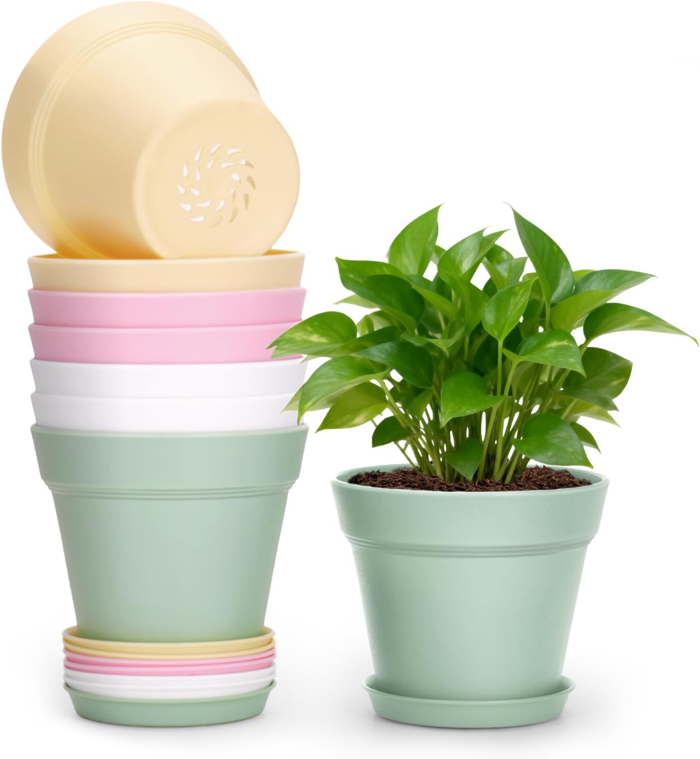 Set Mit 8 Kunststofftöpfen (10 Cm) – Mit Untersetzern Und Abflusslöchern – Für Setzlinge, Sukkulenten Und Kräuter – Für Drinnen Und Draußen – Mehrfarbig