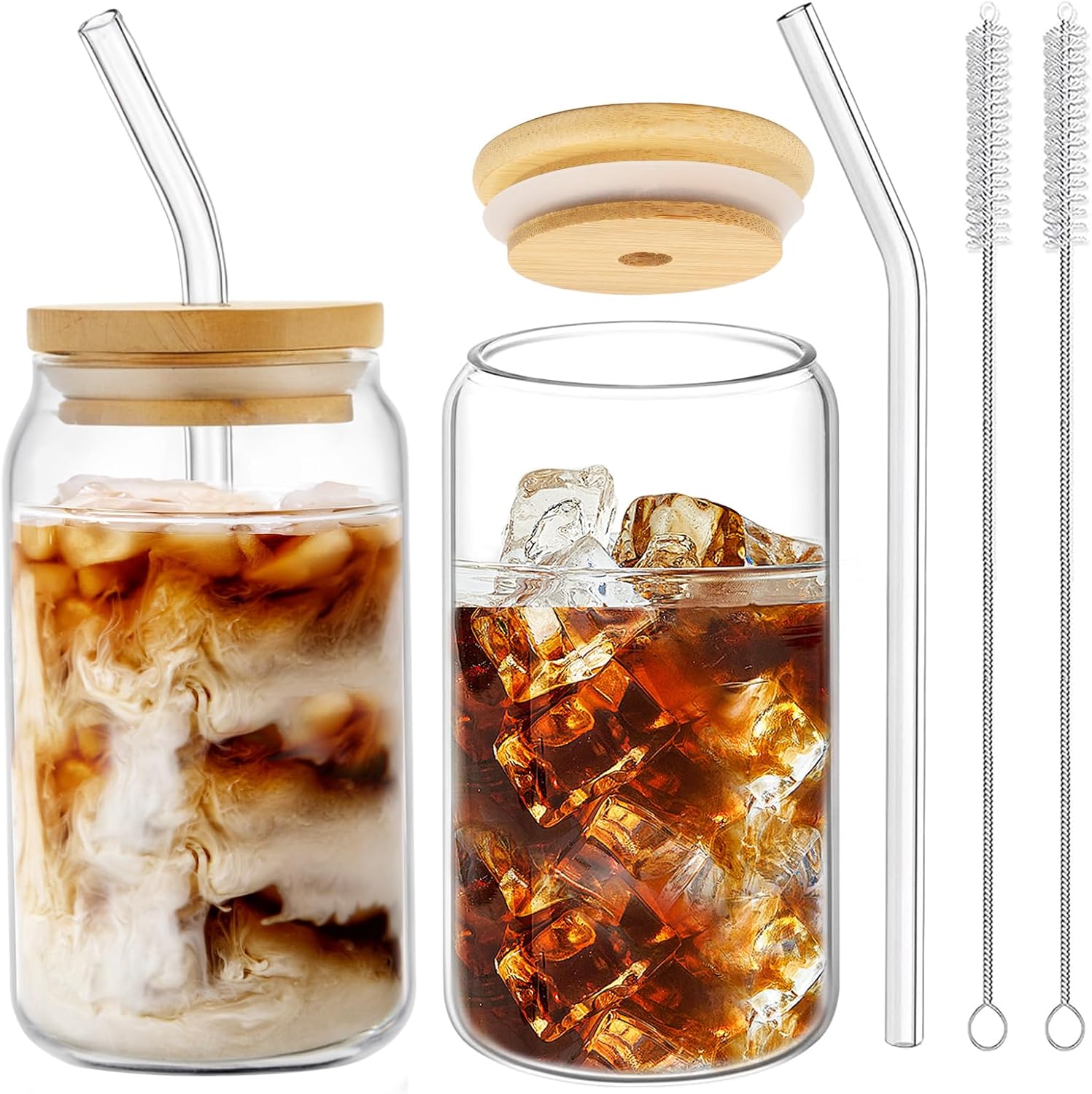 Set Mit 2 Gläsernen Bechern In Dosenform – 400 Ml – Mit Bambusdeckel Und Strohhalm – Wiederverwendbar