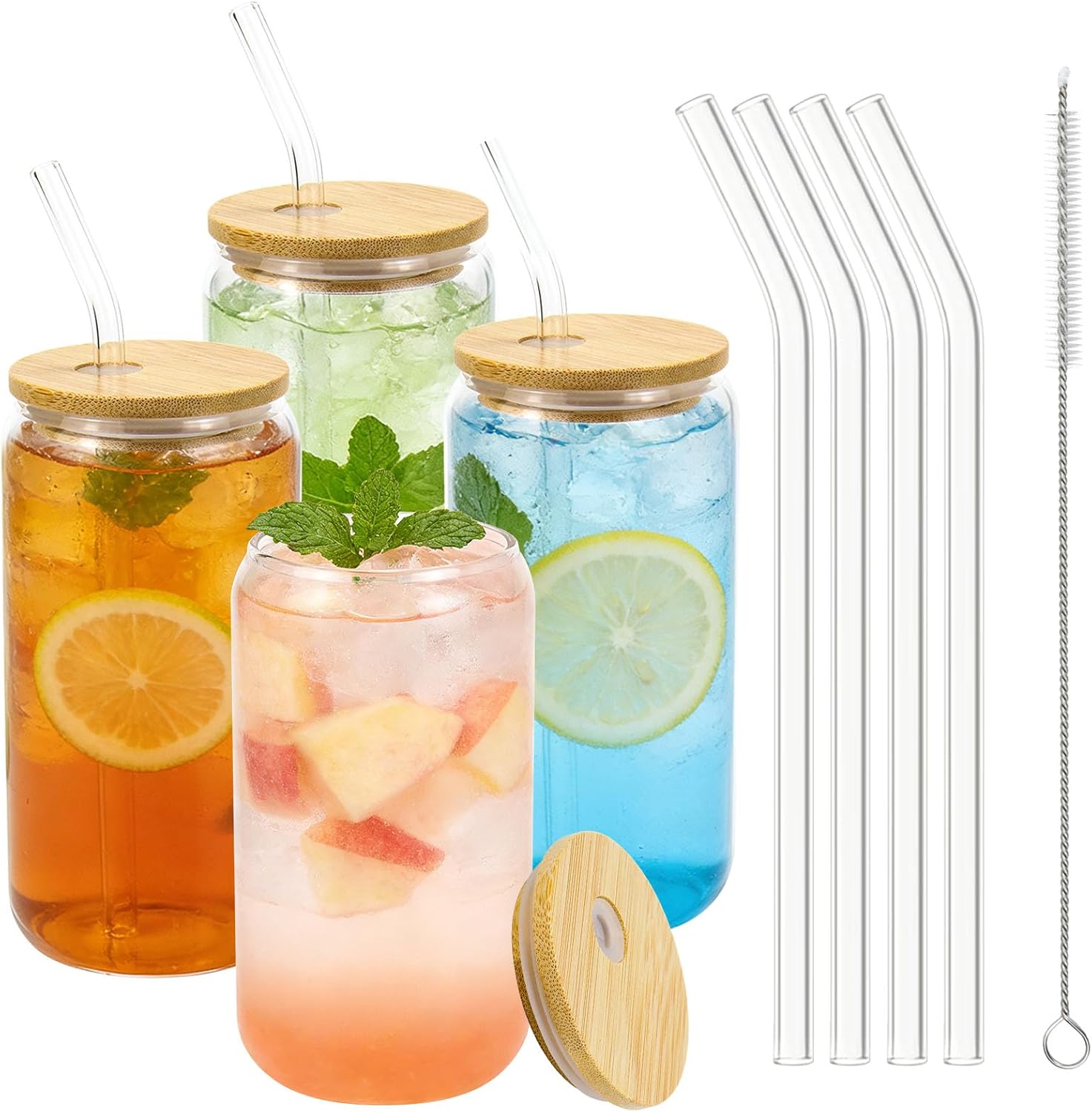 Set Mit 4 Trinkgläsern 500 Ml - Mit Strohhalm Und Bambusdeckel - Für Eiskaffee Und Cocktails