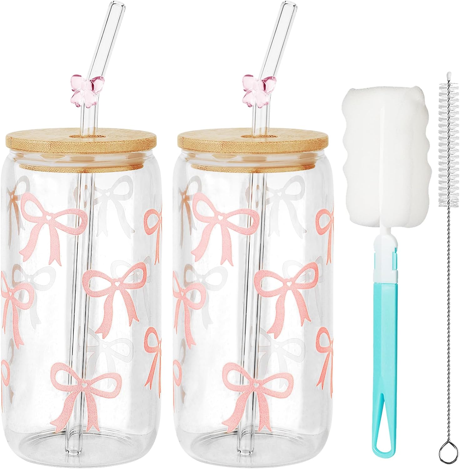 Set Mit 2 Glasbechern À 500 Ml Mit Deckel Und Strohhalm – Rosa Schleifendesign – Becher Für Wasser, Kaffee, Cocktails