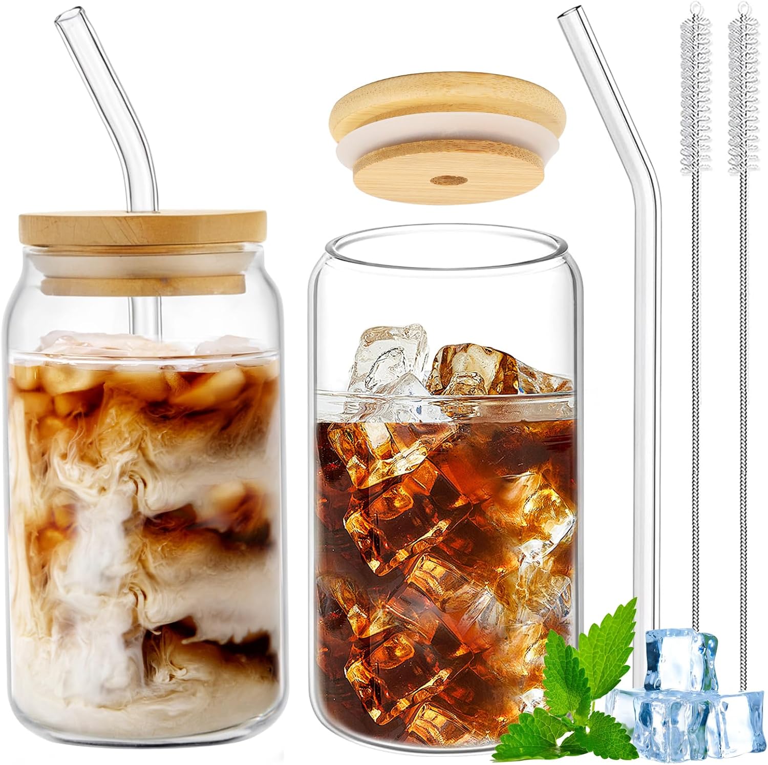 Glasbecher – 2er-set – Dosenform – 400 Ml – Mit Bambusdeckel Und Strohhalm – Für Kaltgetränke